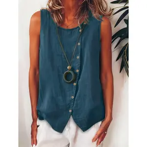 GARMENTMAKER [Sleeveless Button-Shirt Vest] Women's Sleeveless Button-Shirt with Side Single-Button Loose Vest Bohemian Style Casual Top