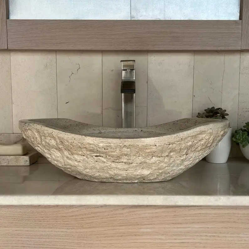 Oval Travertine Vessel Sink - Modern Rustic Chiseled Canoe Shape Bathroom Sink with Hand-Carved Marble, Real Stone Basin & Free Soap Tray