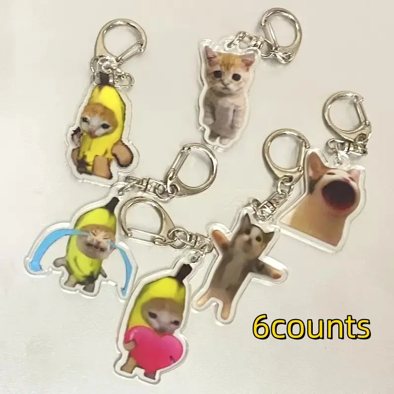 Banana Cat Keychain Set, Transparent Acrylic Cute Couple Bag Charm Gift, Halloween Christmas Holiday Present, 6-Piece Collection, Keychain for Bags, Cute Keychain Accessory, Keychain Collectibles, Keychain Kawaii