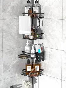 Shower Caddy Corner, Rustproof 4 Tier Adjustable 47 to 104 Inch Corner Shower Caddy Tension Pole, Floor Standing Bath Rack with Rod for Bathroom & Bathtub, Black