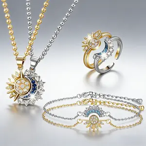 Stackable Sun and Moon Matching Jewelry Set Celestial Couple Necklace Bracelet Adjustable Ring for Best Friend Gift Trendy Statement Jewelry Accessories for Women Valentines&birthday Boujee Gifts for gf