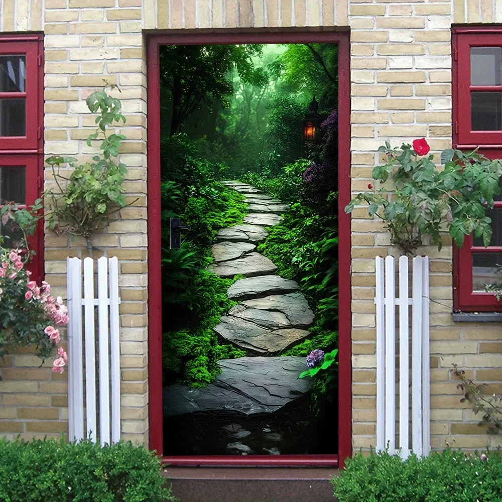 2pcs Natural Forest Stone Path Wall Stickers Stereo Scenery Decals Self Adhesive Waterproof Removable Green Plant Lantern Art Mural for Living Room Bedroom Study Corridor