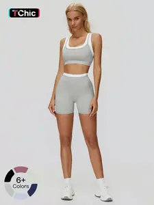 Women's Two-Piece Colorblock Yoga Set, Comfy Breathable Sports Bra & High-Waisted Tummy Control Butt-Lifting Ribbed Tight Shorts, Yoga Bottoms, Casual Fitness Sportswear, Versatile Gym Workout, Yoga Tracksuit Set