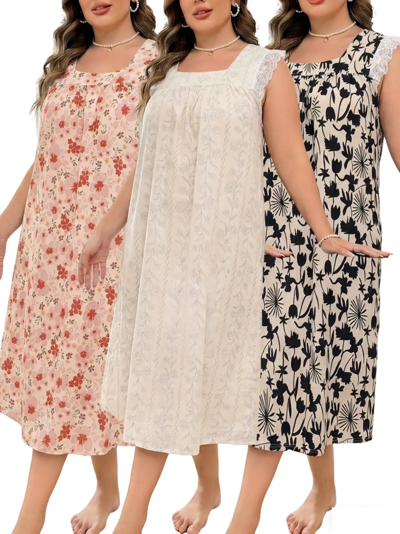 Women's Summer Sleepwear Set, Lace Trim Bubble Cotton Nightgown, Princess Style Plus Size Home Wear, Ditsy Floral Print Loose Fit, Loungewear, Nightwear Sleepwear Homewear