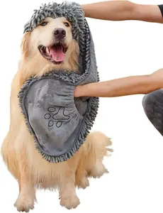 Microfiber Dog Bath Towel – Super Absorbent Dog Towels for Drying Dogs Large & Small, Quick Dry Pet Towel with Hand Pockets, Soft & Durable Puppy Towel, Machine Washable – Grey