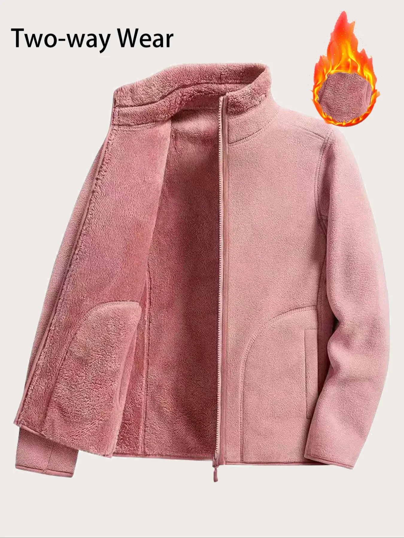 Women's Winter Reversible Fleece Long Sleeve Jacket, Womenswear, Zipper Pockets, Basic Fashionable Casual Fitted Polar Fleece Coat, Outerwear, Perfect for Fall & Winter Daily Wear