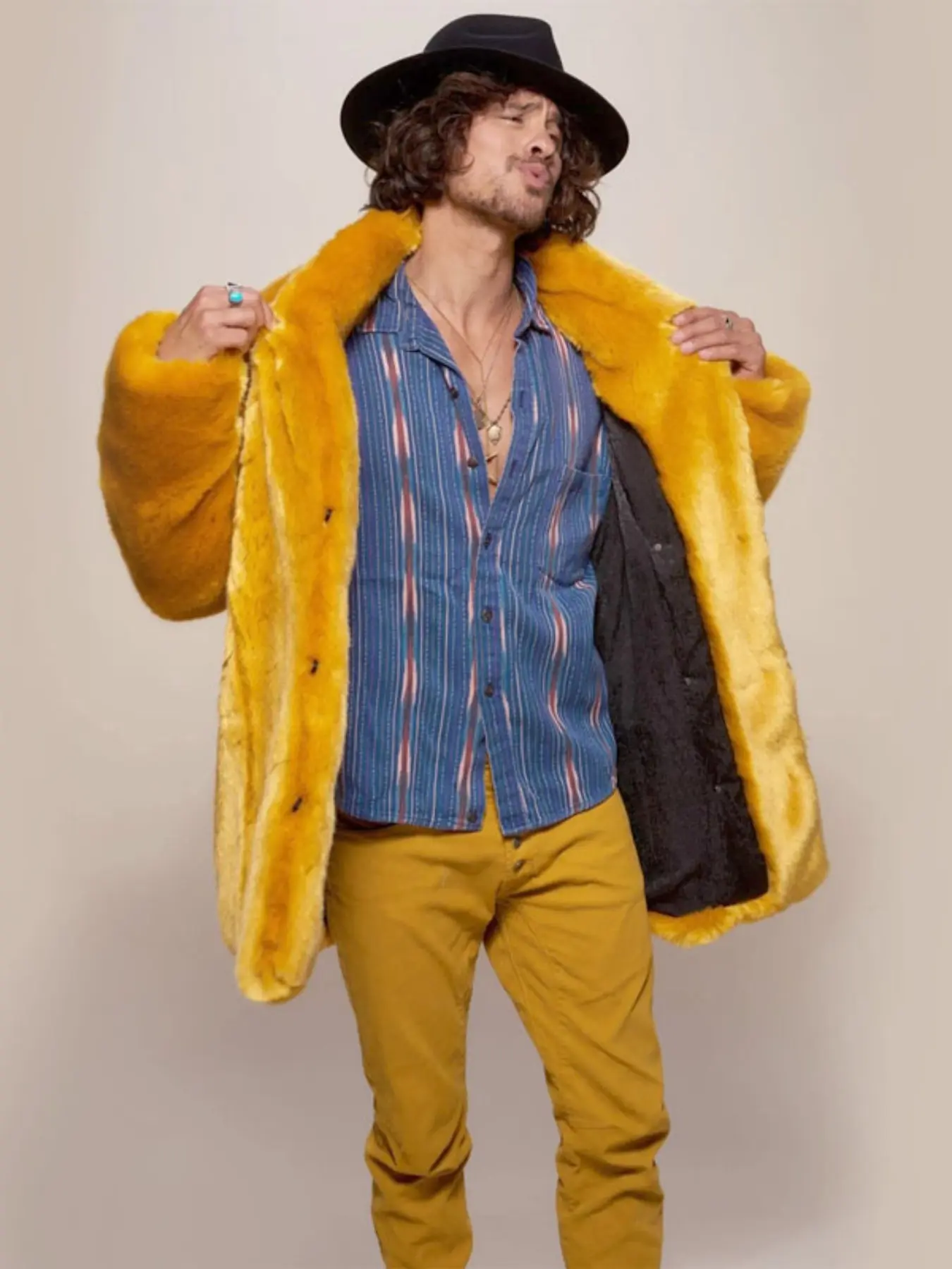 Men's Classic Vintage Faux Fur Coat, Long Sleeve Stand Collar Jacket, Warm Soft Comfortable Winter Fashion Outerwear
