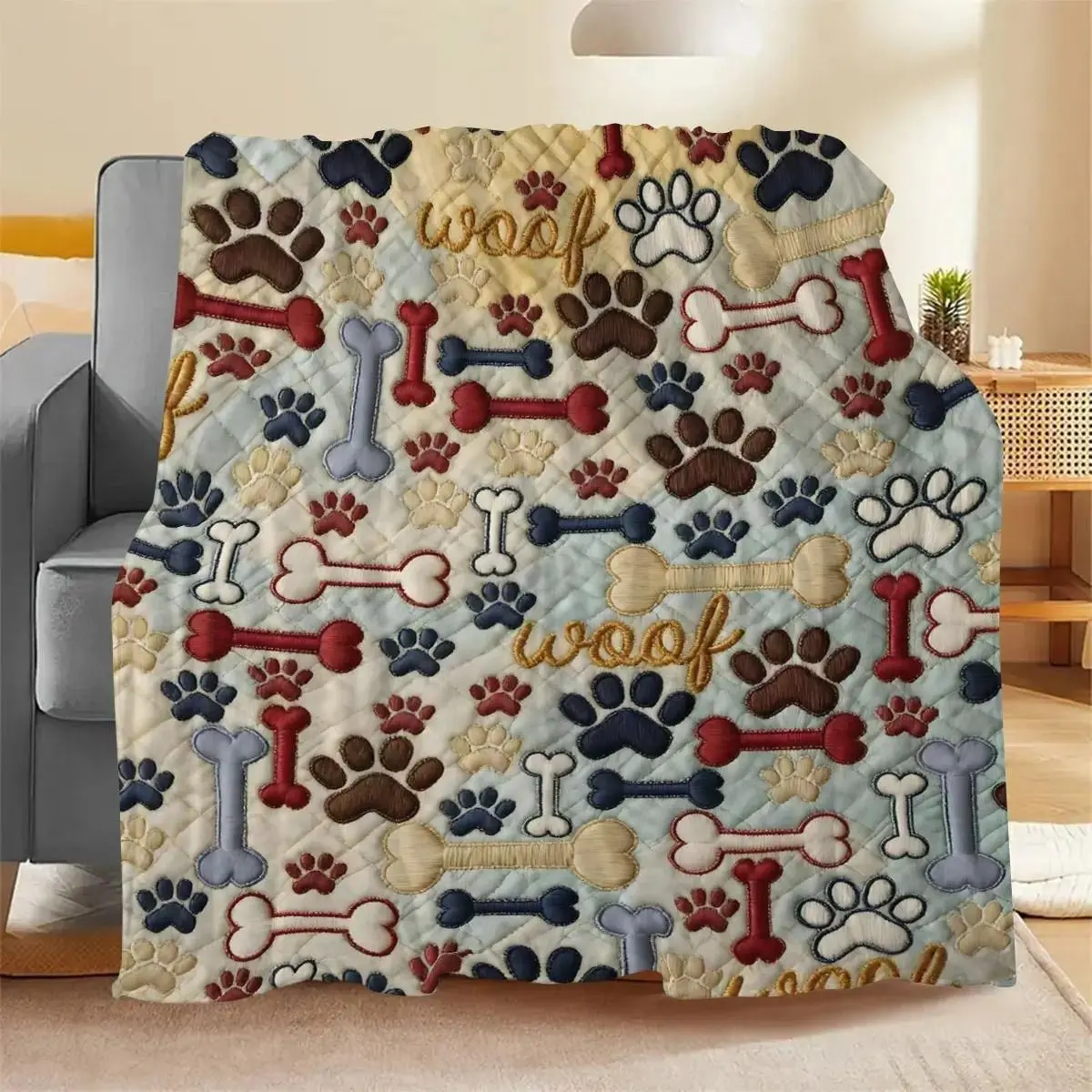 Playful Dog Paw Print Blanket - Plush Flannel Pet Bed Cover with Bone, Wagging Tail Designs, Hassle-Free Clean, All-Season Use, Home Decor Textile Throw