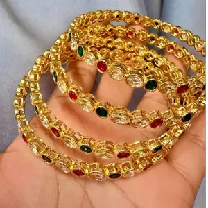 4 pc Gold Plated Bangle Set with Multicolor Gemstones for Women's Fashion Jewelry
