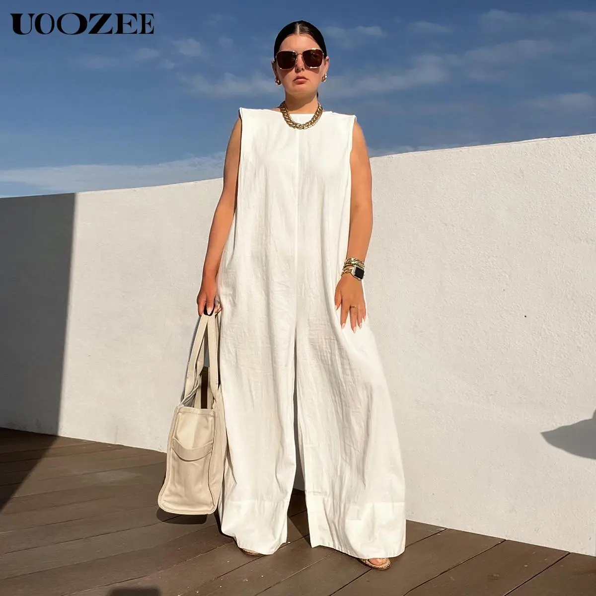 UOOZEE Women's Basic Comfortable Light Solid White Cotton-Linen Sleeveless Loose Fit Wide Leg Overalls Jumpsuit, Crew Neck, Button Closure, Matching Belt & Panties, for Spring Casual Wear, Round Neck, Lady, Jumpsuits For Women, Lightweight, Wide Legs, Pie