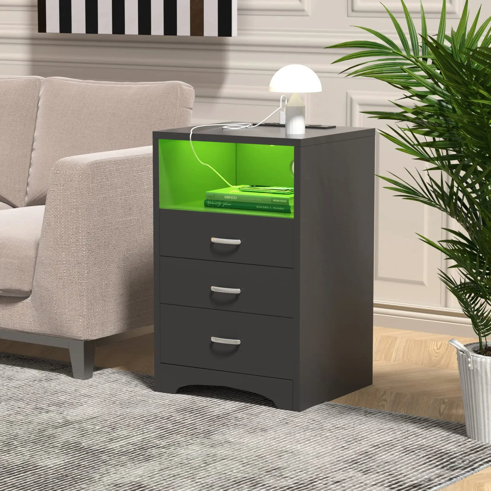 [Summergarden] Vabches Modern Black Nightstand with 3 Drawers, Wireless Charging Station, LED Lights & Open Storage, Bedroom Side Table End Table Storage Cabinet, Modern Night Stand