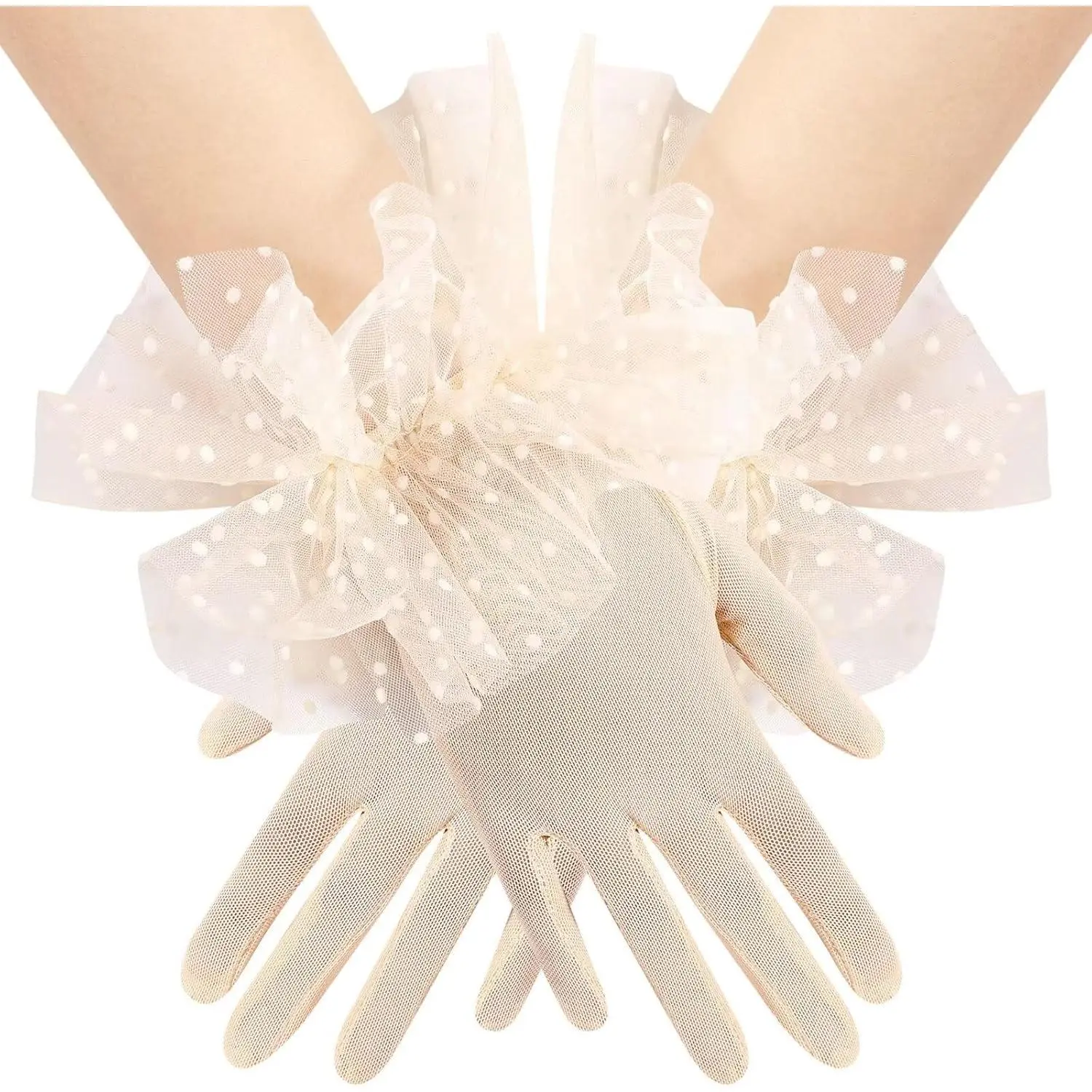Women's Short Puffy Ruffle Lace Tulle Sheer Mesh Gloves Tea Party Gloves for Wedding Bridal Prom Costume