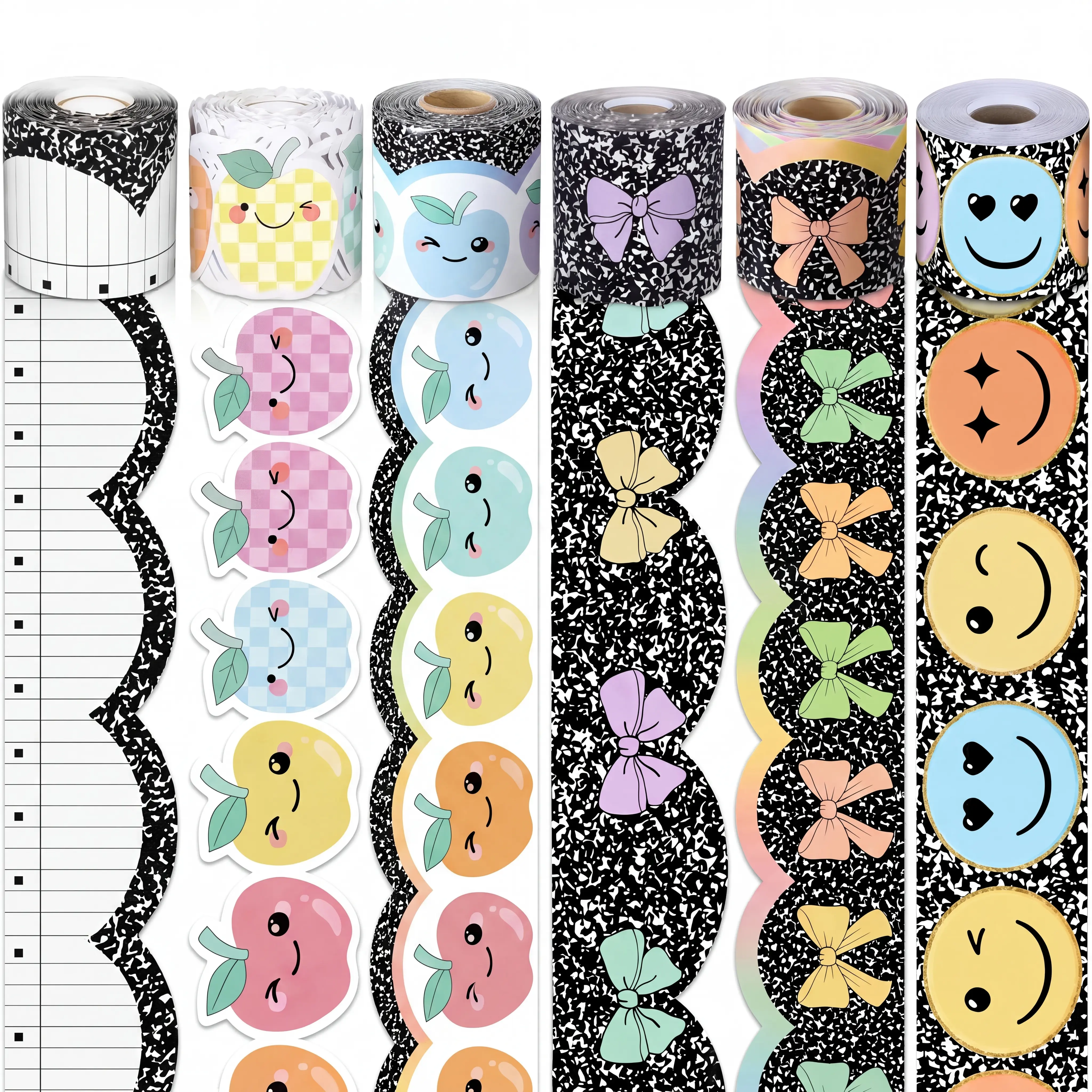 65 Feet Back to School Bulletin Board Border Classroom Decor Scalloped Paper Trim Roll Teacher Supplies for Classroom Wall Door Chalkboard Whiteboard Apple Bow Smiley Rainbow Pastel Styles  Back to School Shopping