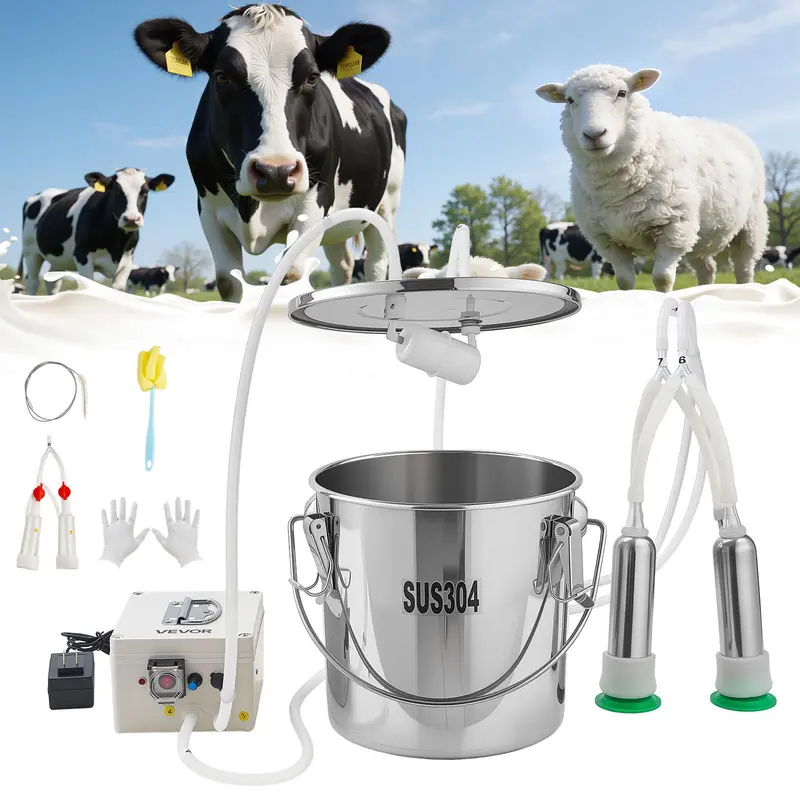 VEVOR Battery-Powered Bionic Pulsation Goat Milking Machine, Compact Portable Milking Tool with 3.2 Gal/12L 304 Steel Bucket, 4 Teat Cups, 8000mAh Rechargeable Battery, Silicone Parts, Adjustable Suction & Power, Automatic Stop, Gentle on Animals