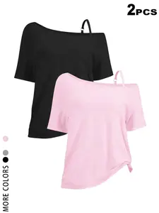 2 Pack Off Shoulder Oversized T-Shirts for Women, Lady, Womenswear, Y2K Aesthetic Asymmetrical Strap Casual Tees, Short Sleeve Slouchy Streetwear Tops, TikTok Viral 2026 Edgy Outfit, Perfect for Daily Wear, Club, Party, Gothic Tops for Teen Girls, Gen Z