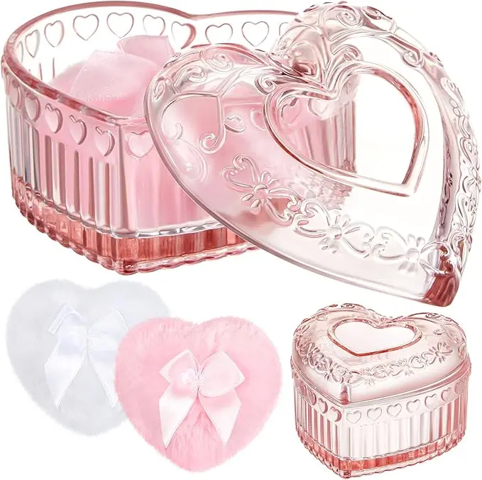 3 Pcs Large Body Powder Puff and Container Powder Container with Puff Crystal Soft Washable Reusable Velour Face Glitter Wet Dry Makeup(Pink,Heart)