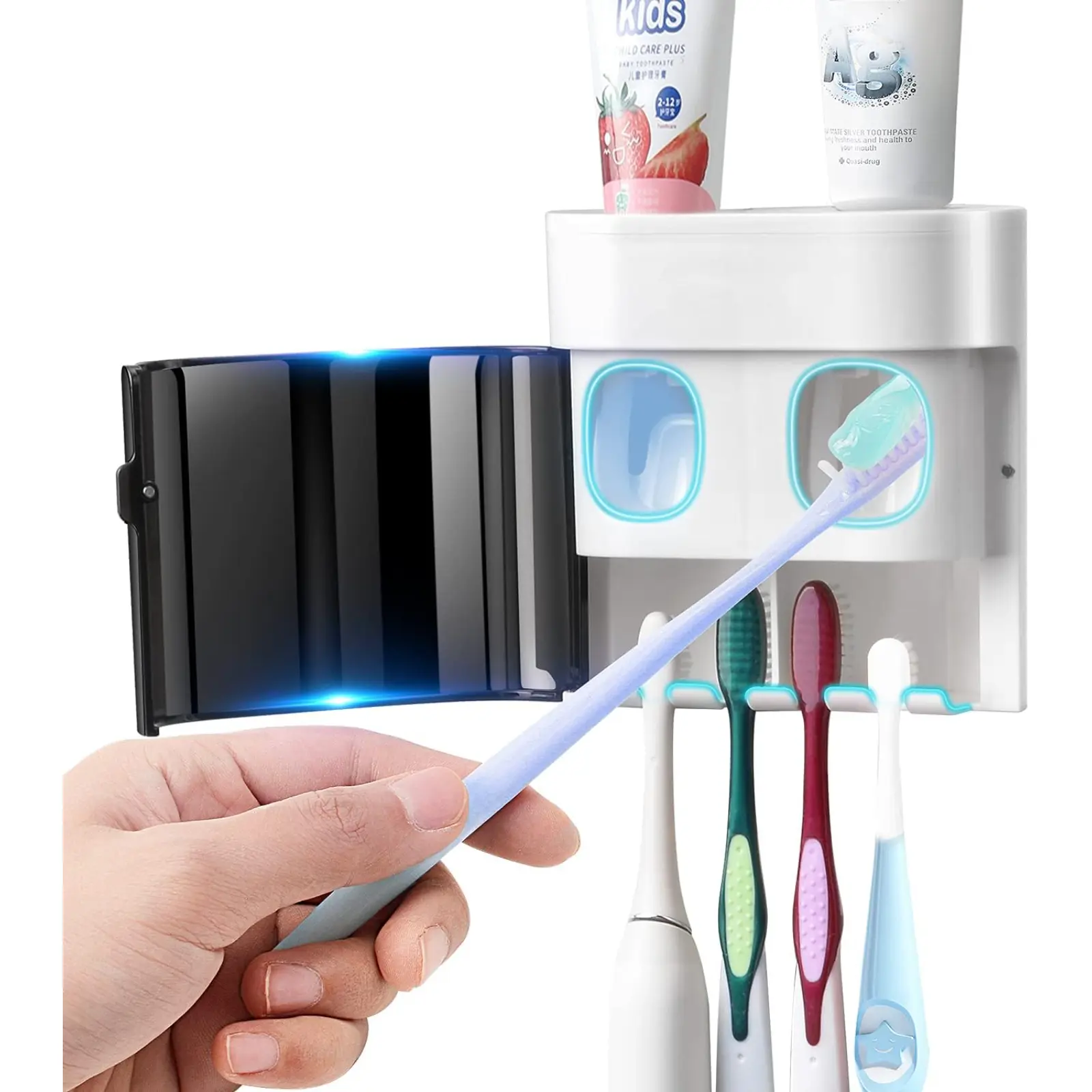 Toothbrush Holders for Bathrooms - Classic Black Wall-Mounted Design with Cover, Waterproof 4-Slot Multi-Section Organizer with Automatic Toothpaste Squeezer for Kids