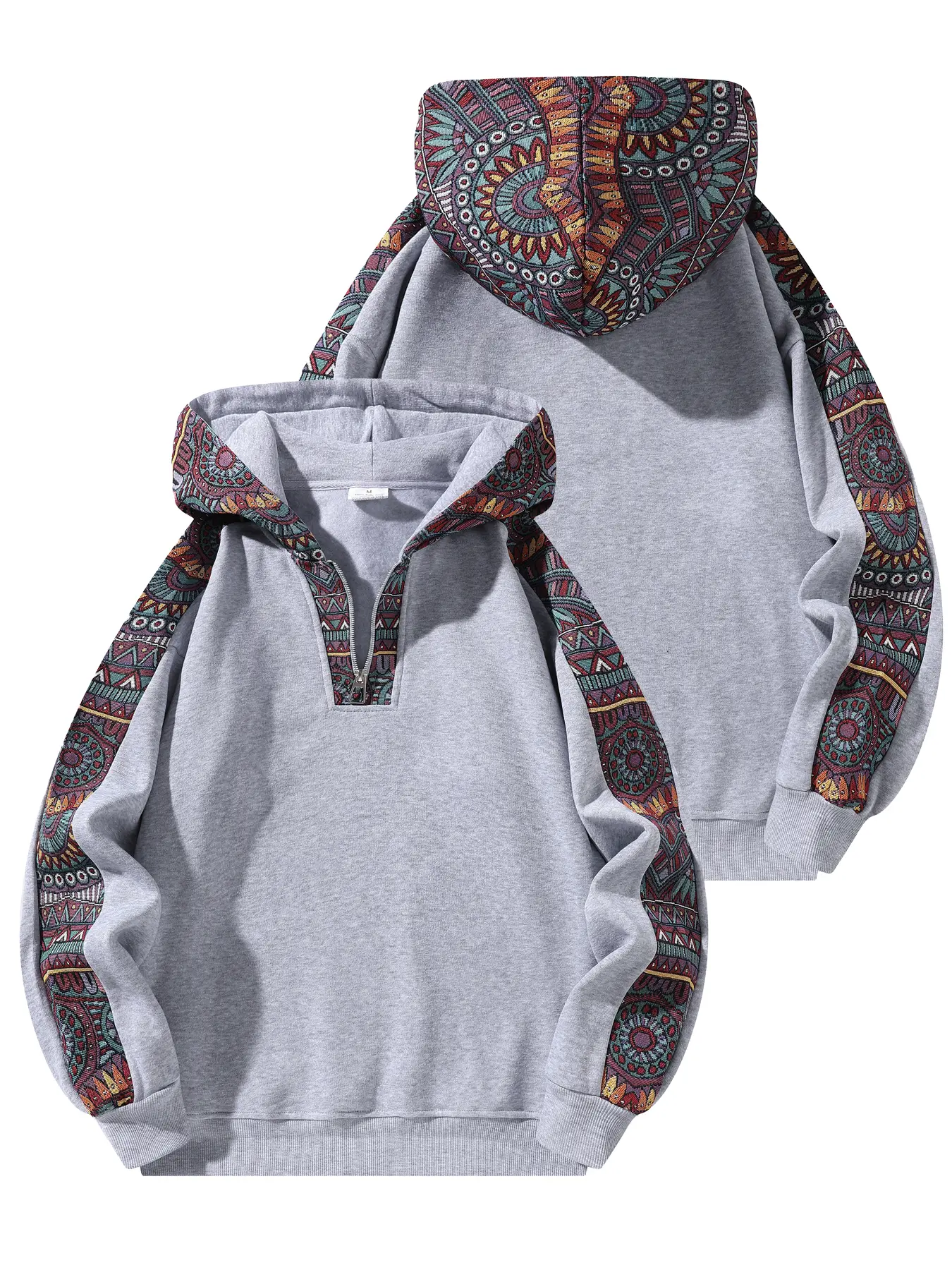 Men's Quarter Zip Hoodie with Ethnic Pattern, Color Block Long Sleeve Casual Fashion Sweatshirt for Streetwear, Outfits, Tops, Stylish, Pullover, Longsleeves, Zip Up Hoodie, Knit Fabric, Streetwear Clothing, Fitted, Ethnic Print Casual Streetwear Sweatshi