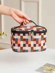 Women's Cute Plaid Pattern Makeup Bag, Minimalist Portable Cosmetic Storage Bag, Trendy Large Capacity Travel Makeup Bag for Women & Girls, Handheld Cosmetic Pouch, Makeup Pouch for Purse, Makeup Organizer Pouch