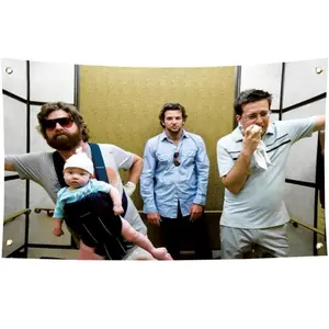 3x5FT Hangover Movie Elevator Scene Tapestry - "Why Can't We Remember a God Damned Thing?" Funny Brass Art, Indoor Home Bedroom Wall Hanging Decor with Unique Design