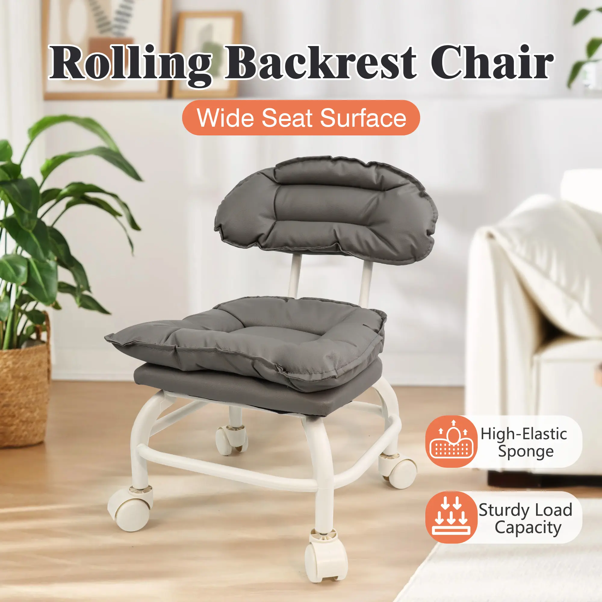 1 Count Rolling Backarest Chair, Silent Rolling Wheels For Home & Office