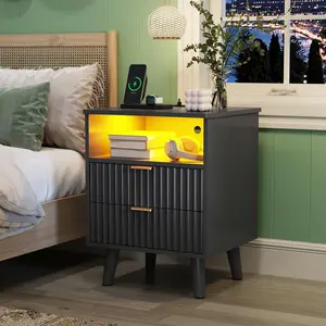 SIKAIC LED Nightstand with Charging Station, Black Fluted Bedside Table with Storage for Bedroom