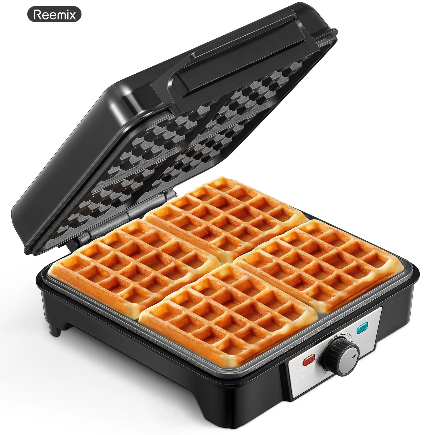 4-Slice Belgian Waffle Maker Kitchen Appliances, 3 Adjustable Browning Levels, Nonstick Square Plates, 1200 W, Compact Stainless Steel/Black Design for Easy Storage & Family Meals
