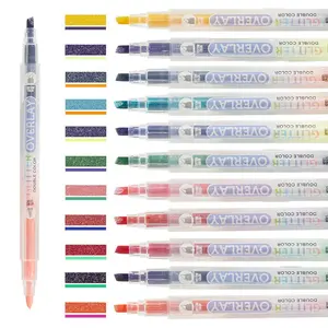 Glitter Highlighter Marker Pen, 6 Counts/set Double Color Highlighter Marker Pen, No Bleed Colors Highlighter Marker Pen for Journaling, Students School Office