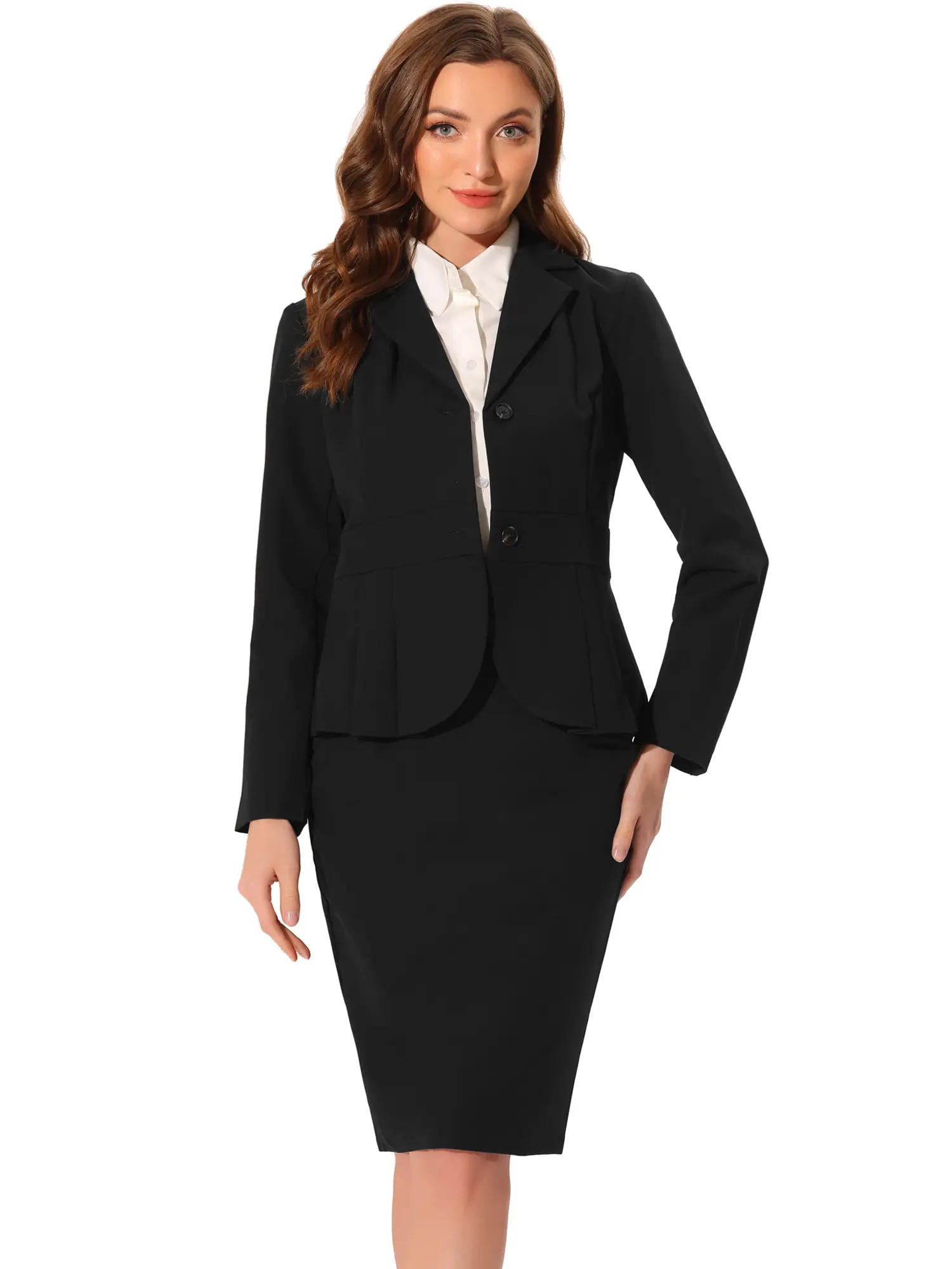 INSPIRE CHIC Skirt Suit Set 2 Piece, Notched Lapel Peplum Jacket Blazer and Pencil Skirt