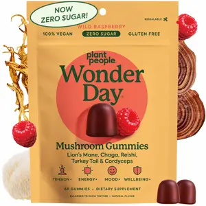 WonderDay Mushroom Gummies by Plant People - Zero Sugar, Functional Mushroom Gummy Supplement - 8+ Super Mushrooms - Organic Raspberry Flavor