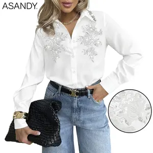 ASANDY Lady's Long Sleeve Blouse - White Collared Button-Down Clothes, Sequin Floral Embroidery, Rhinestone Collar, Full Sleeve Elegant Formal Evening Work Top