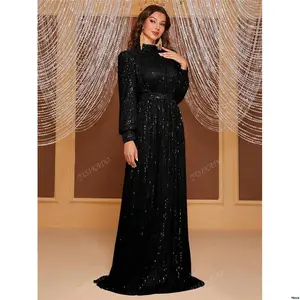 DinnerPartyDress ForGraduation YISIKADOMockNeckLanternSleeveSequinFormalDressBlackElegantLongSleevePromEveningWeddingGuestGown