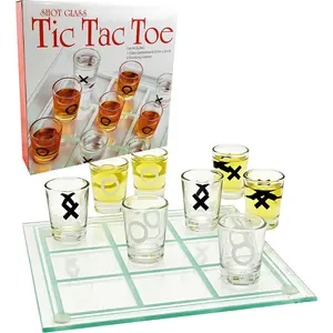 Tic-Tac-, Three in A Row Shot Glass Drinking  with 9 Shot Glasses and Glass  Board (10" x 10")
