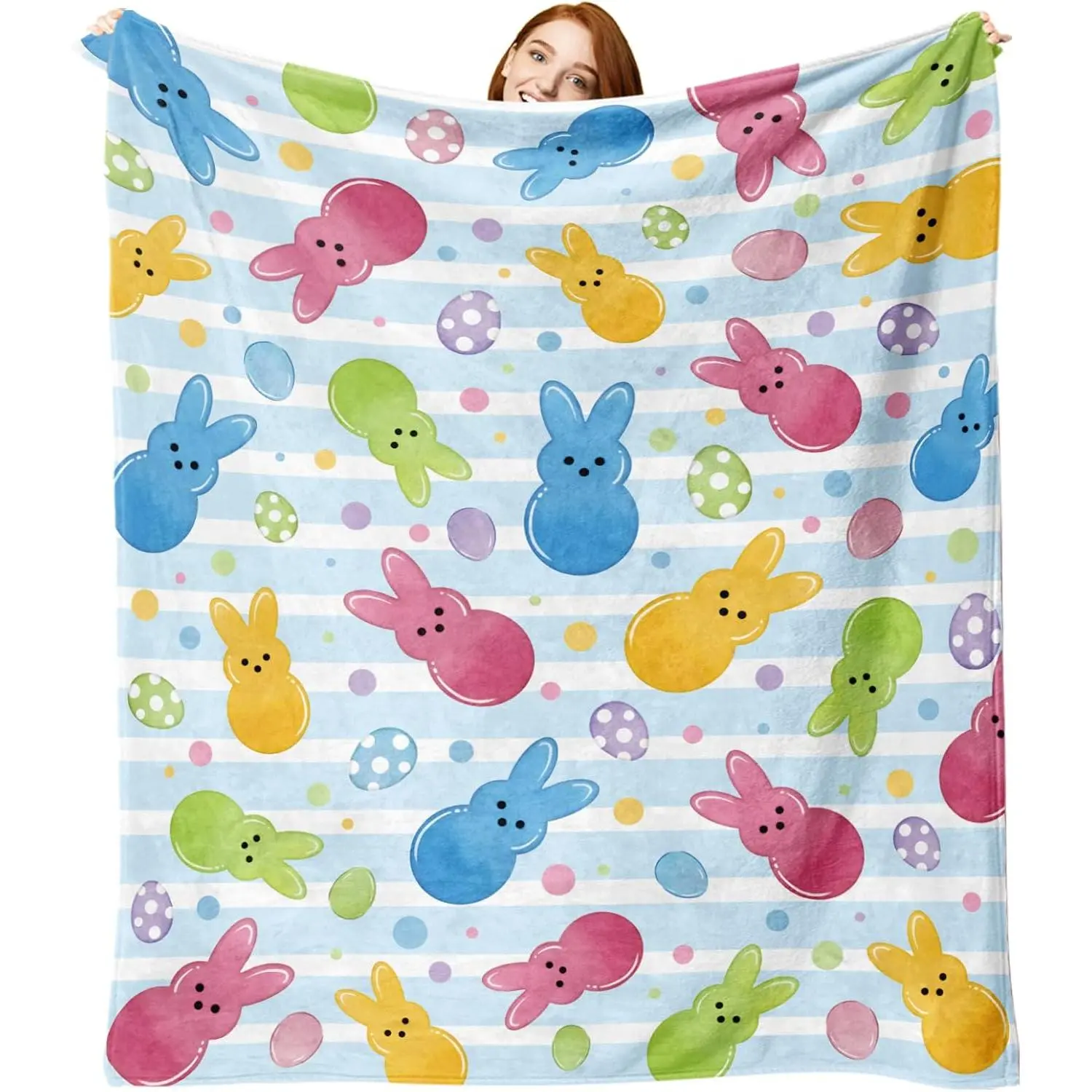 Soft Flannel Peeps Bunny Throw Blanket - Colorful Polka Dot Design with Easter Bunny Ears, Cute Rabbit, Thickened Flannel, Colorful Fuzzy Blanket, Multi-Size Kids Easter Gift for Bedding, Sofa, Thickened Flannel Blanket summerwins Throwblanket