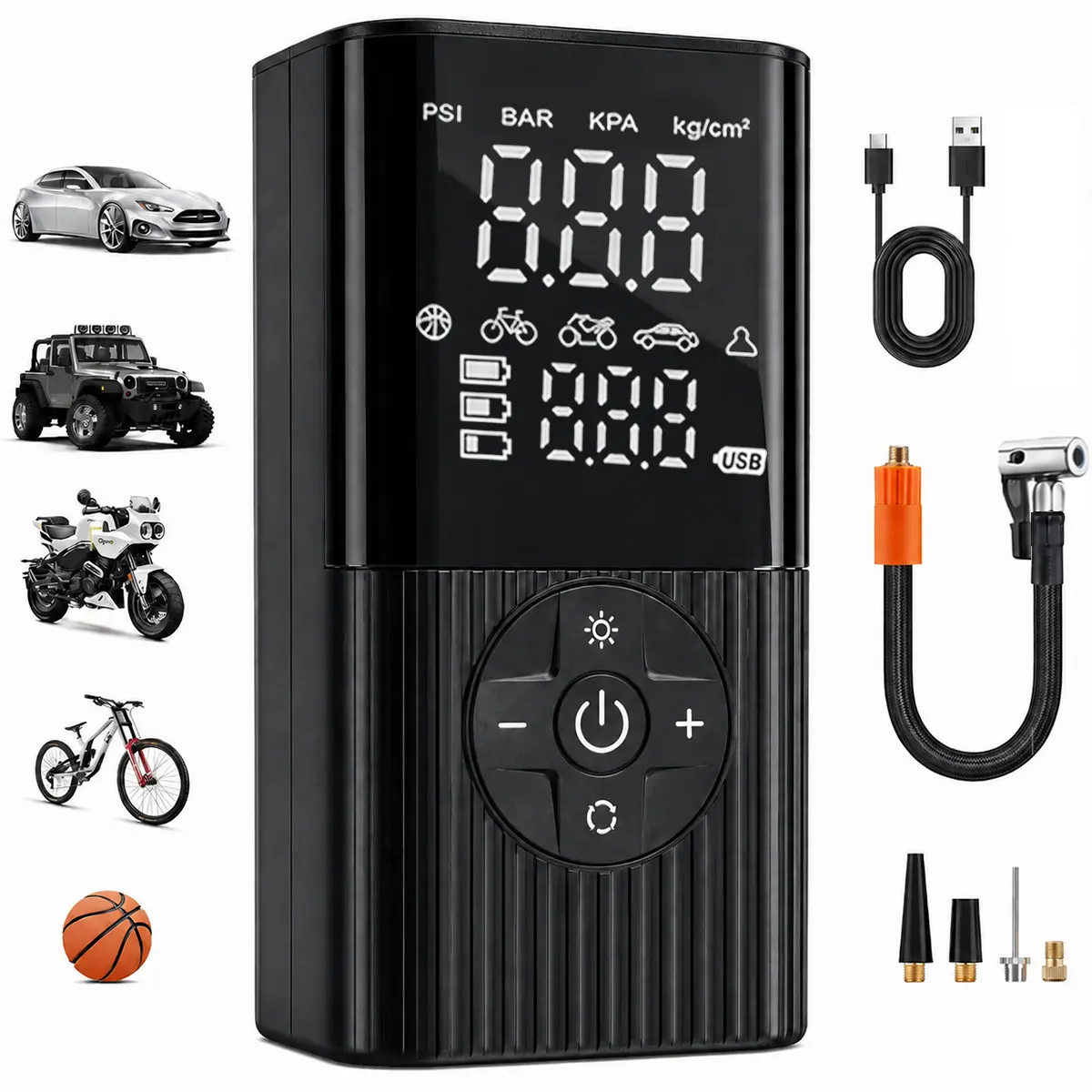 7-in-1 Cordless Inflator - Portable Tool with Digital Dual Values Display, 150 PSI, LED Emergency Light, Battery-Powered for Cars, Roadside Help to Inflate Tires, Ultra-Fast Inflation