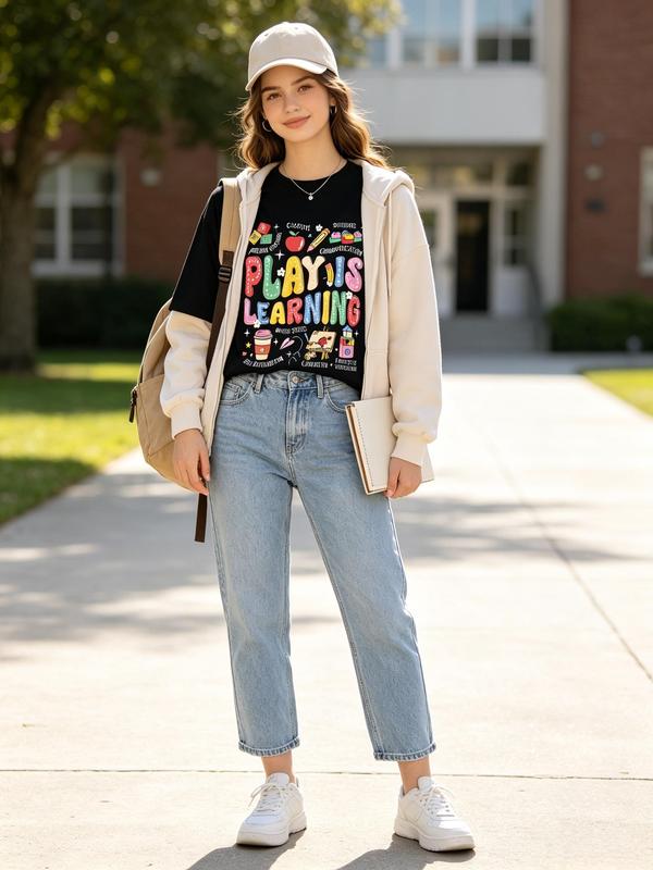 Women's Pure Cotton "Play Is Learning" Graphic Print T-Shirt - Breathable Crew Neck Short Sleeve Tops, Back-to-School Teacher Tee by Sohochic