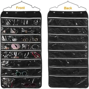 56 Pockets Large Zippered Dual Sided   Organizer Necklace Earrings Bracelets Rings Accessories Storage Bag Wall Mounted Door Cabinet Hanger Holder Clear Pouch Display Foldable