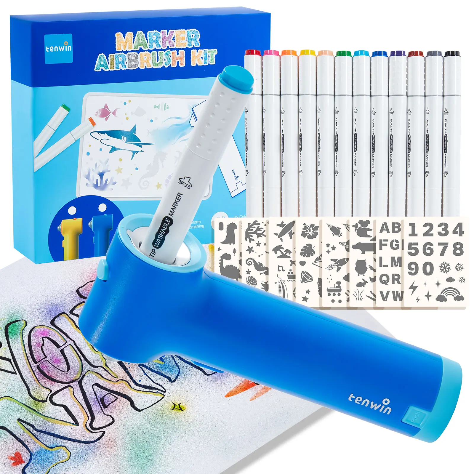 Tenwin AA Battery-Powered Marker Airbrush Set - DIY Painting Supplies with 12 Dual-Tip Washable Colored Markers, 8 Stencils, Efficient Even Coverage, Dual Tip Color Tools for Kids Art, Playful Painting (Ages 6+) Back To School Haul