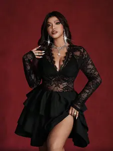 Plus Size Lace Dress, Deep V Sheer Long Sleeve Waist Cinch Cake Dress, Pure Desire Style Chic Party Gown, Sexy Evening Wear Formal Wear