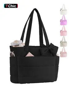 【Valentine's Day】Puffer Tote Bag for Women, Quilted Bow Tote Bag, Daily Commuting Bag, Casual Commuter Bag with Cup Holder & 15.6 In Laptop Compartment for Work, Travel, Gym, College，Valentine's Day, Christmas and Thanksgiving Day gifts