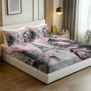 Fitted Sheet 3pcs Set: 1 Fitted Sheet + 2 Pillowcases. Romantic Paris Eiffel Tower Fitted Sheet Set, Soft Premium Bedding with Vibrant Cherry Blossom Art. Stylish Parisian Street Scene Aesthetic for Modern Bedroom Decor. Breathable, All-Season Comfort.