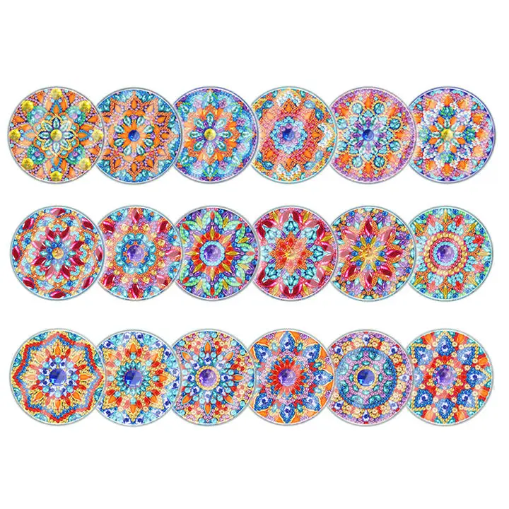 6pcs Waterproof Coaster Set Classic Mandala DIY Washble Acrylic Cover with Holder -1002640