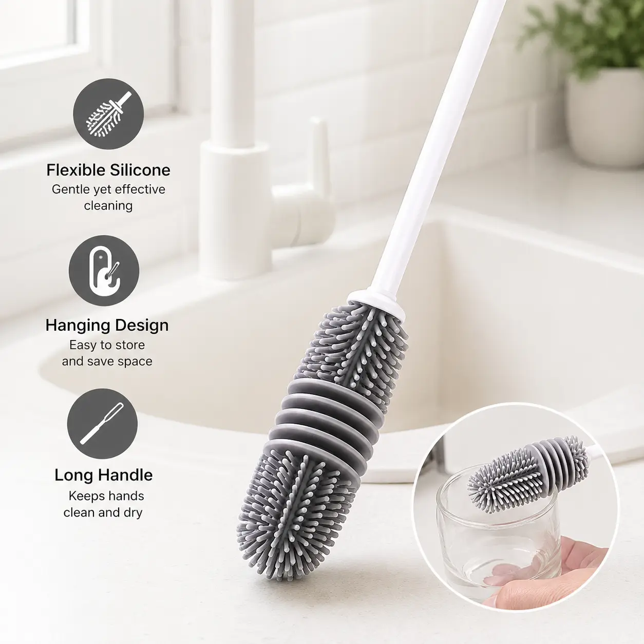 Silicone Bottle Brush Cleaner with a Long Handle and Flexible Tip, Scratch-Free Scrubber for Baby Gear, Water Containers, and Glass Cups with a Non-Slip Grip, Home Kitchen, Easy To Store And Save Space, Gentle Yet Effective Cleaning, Hanging Design