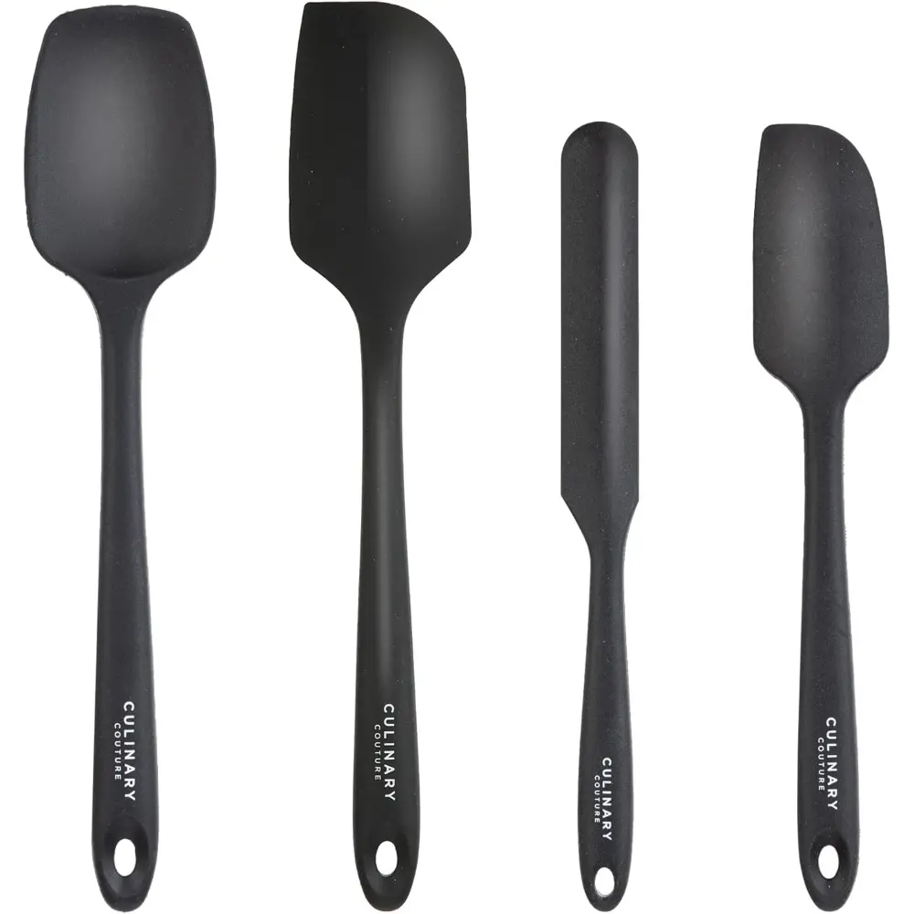 Sturdy 4-Piece Black Full Silicone Baking Spatula & Spoon Set - Kitchenware, Stainless Steel Core, Heatproof up to 428°F, BPA-Free, Reusable, Large & Small Spatulas, Safe for Nonstick Cookware, Ideal for Gifting, Heat Resistant