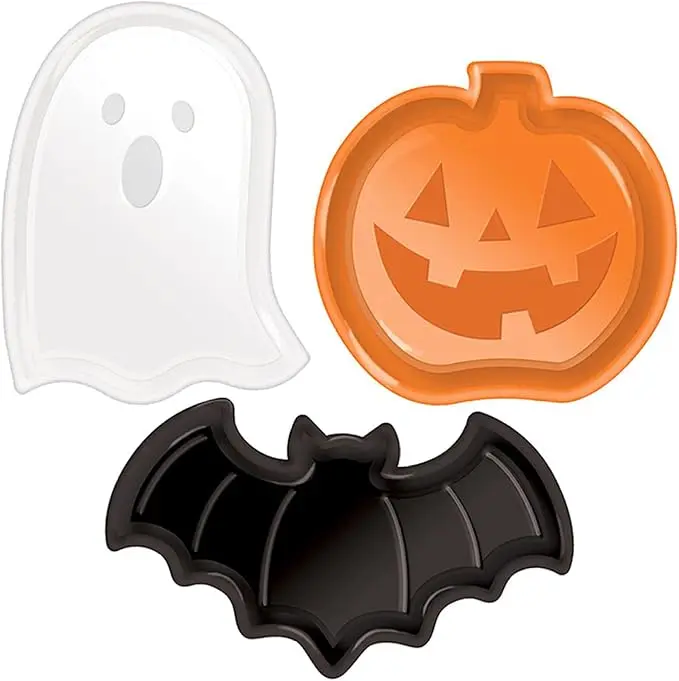 3PCS Plastic Halloween Plates, Cute Bat Ghost Pumpkin Plates, Portable Candy Dish for Foods, Rice, Snacks, Vegetables, Fruits, Serving Tray
