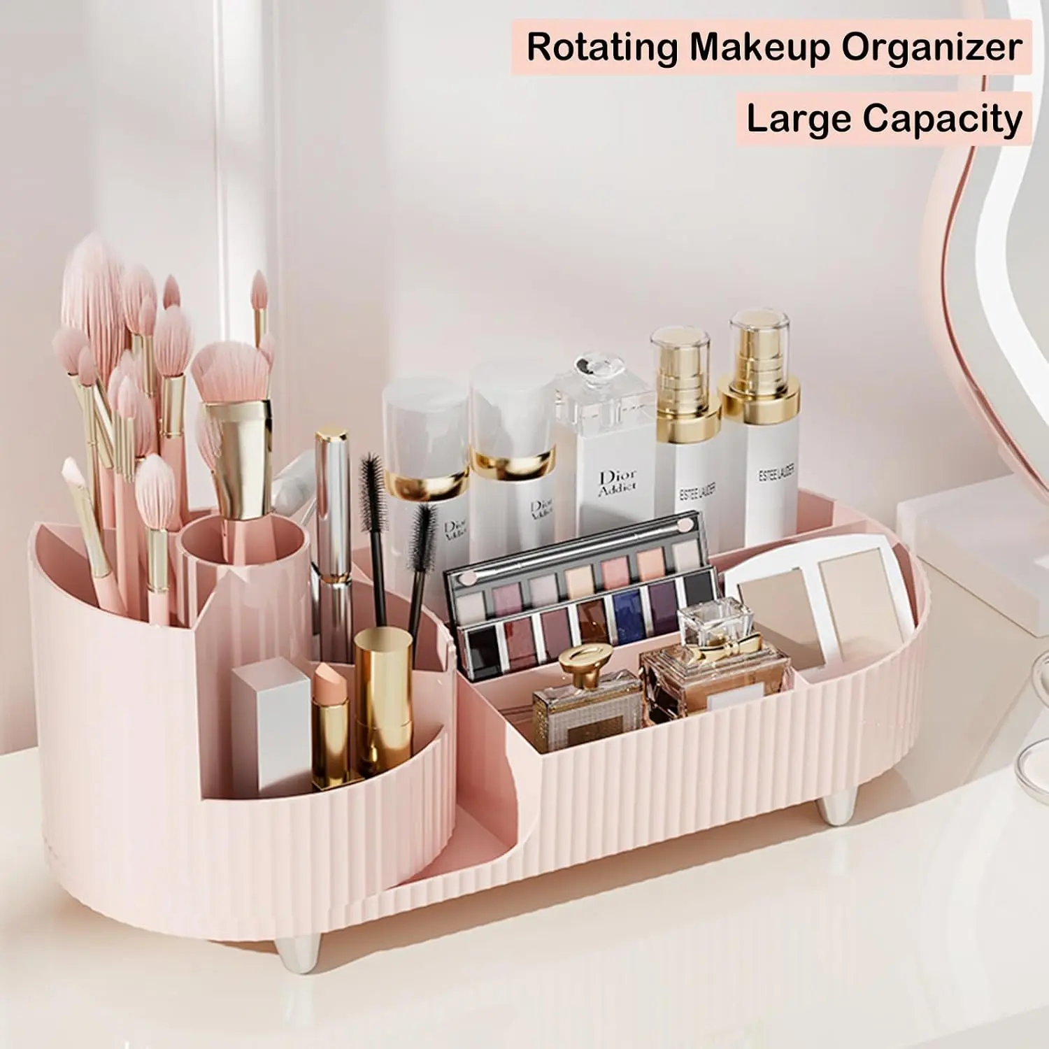 Pink Rotating Vanity Organizer with Brush Holder - Large Spinning Cosmetic Countertop Storage, Perfume & Lotion Display Case for Makeup & Skincare