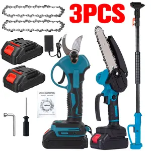 3-in-1 Cordless Pole Saw & Mini Chainsaw Garden Tools Set with 2 Batteries, Extension Pole, Garden Scissors for Tree Trimming, Limb Branch Cutter for Outdoor Use, Father's Day Gift