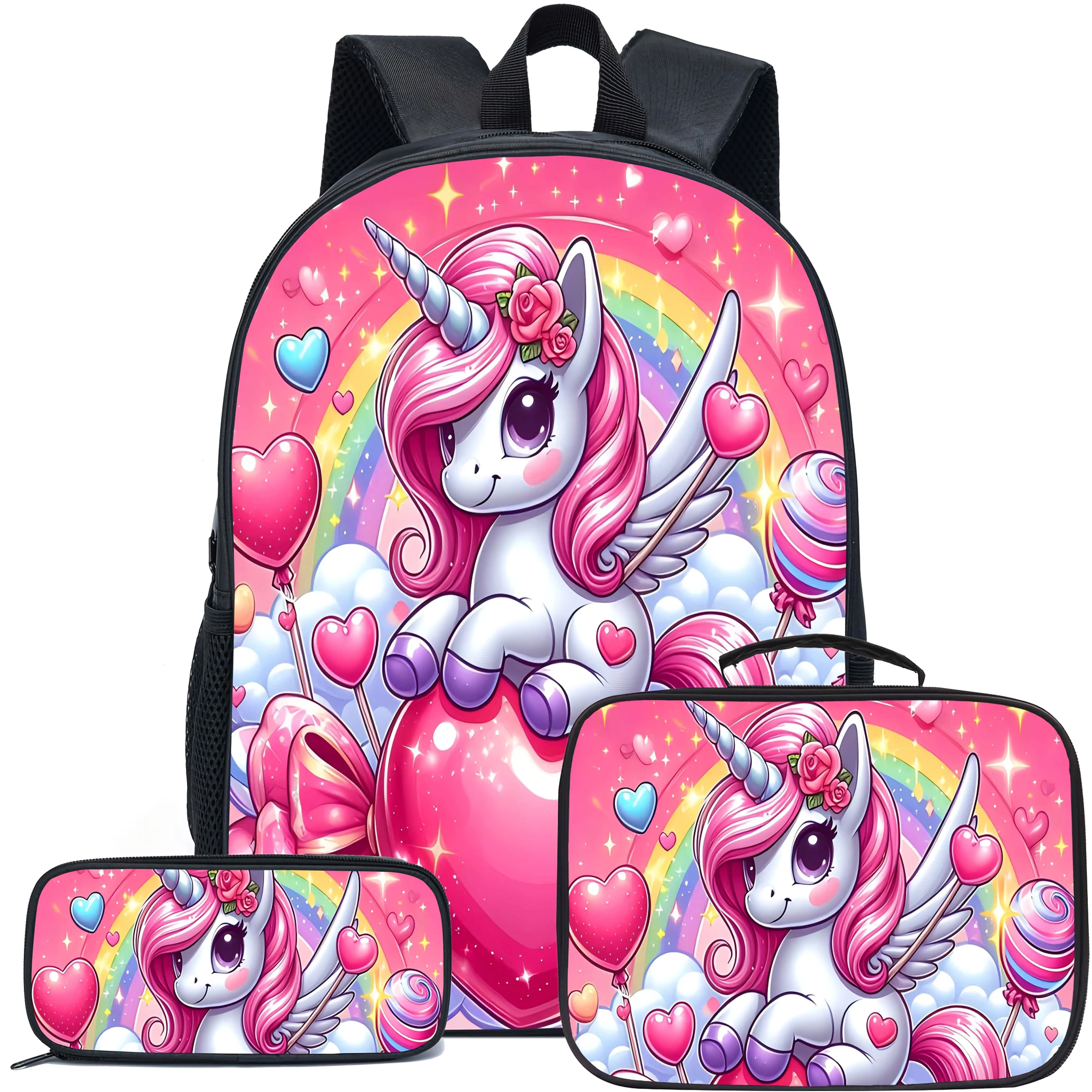 Girls' 3-Piece Unicorn Backpack Set, Oversized Rainbow Bag for Students, Lightweight and Durable for First Day of School, Childrens Bag, Kawaii Backpack, Back To School Haul, Holiday, Synthetic, Water Resistant, Character-Themed Backpacks