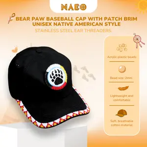 NACO Native American Inspired Bear Paw Baseball Cap with Patch Brim Unisex Design Acrylic Plastic Beads 2mm Lightweight Comfortable Cotton Material