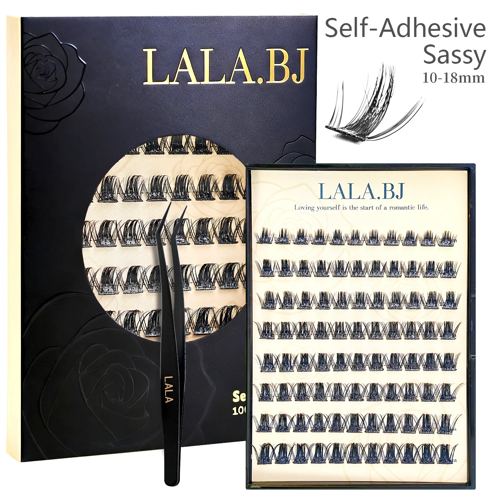 Pre-Glued Cluster Lashes, Self-Adhesive DIY Eyelash Extension Kit with Curler, Gentle Long Lasting D Curl Cosmetic Lashes, 10-18mm Mixed Length, Reusable